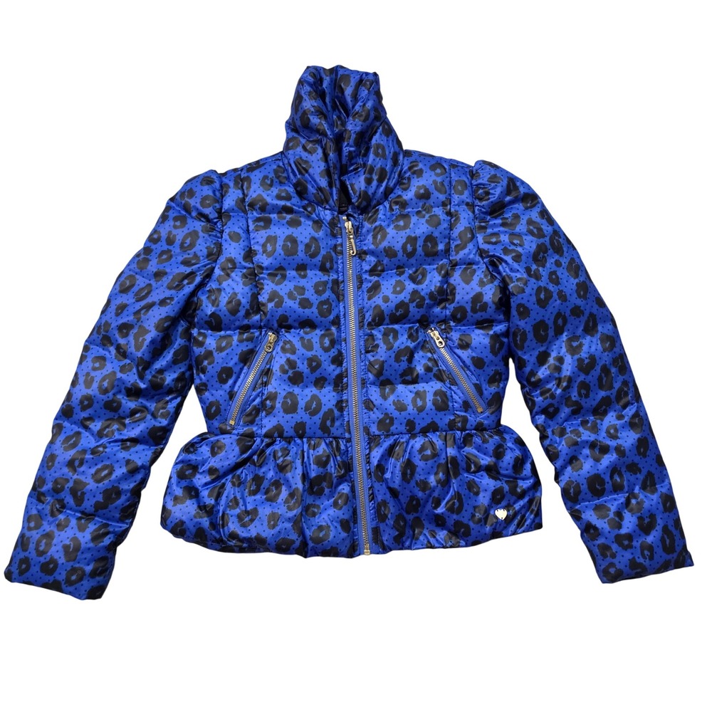 Juicy Couture Girls Blue Leopard Print Peplum Puffer Jacket Size 8 Gold Zip